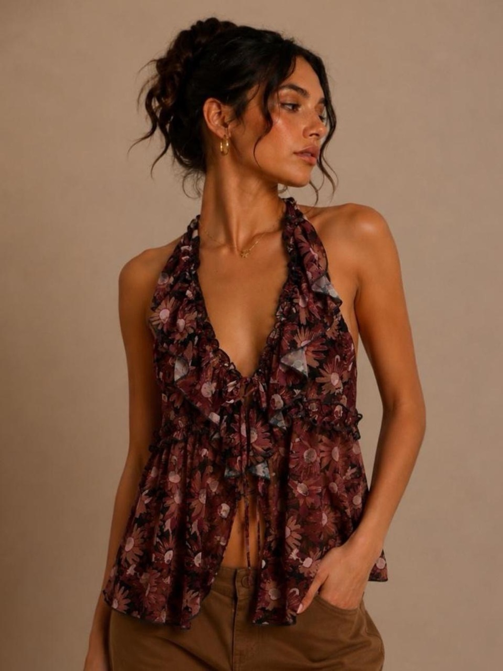 Free people Floral Ruffle Halter Tank Top - Brown
